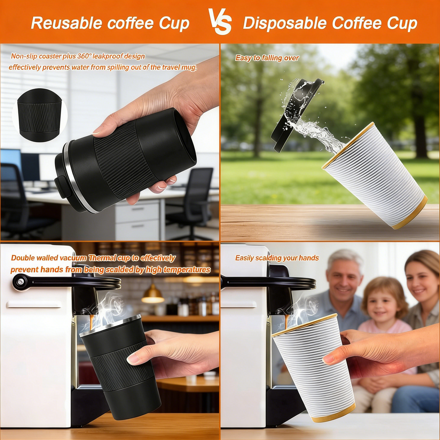 Insulated Travel Coffee Mug, Spill and Leak Resistant,