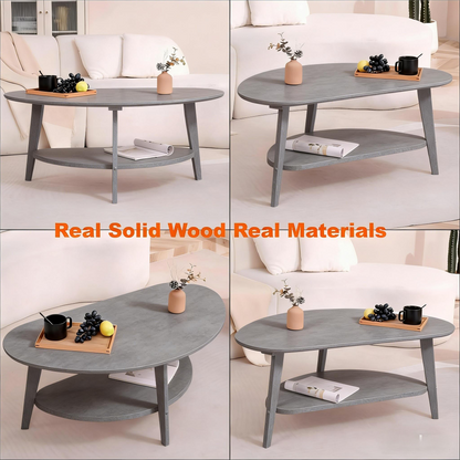 Oval Coffee Tables with Storage for Living Room, 2 Tier Solid Wood Center Table
