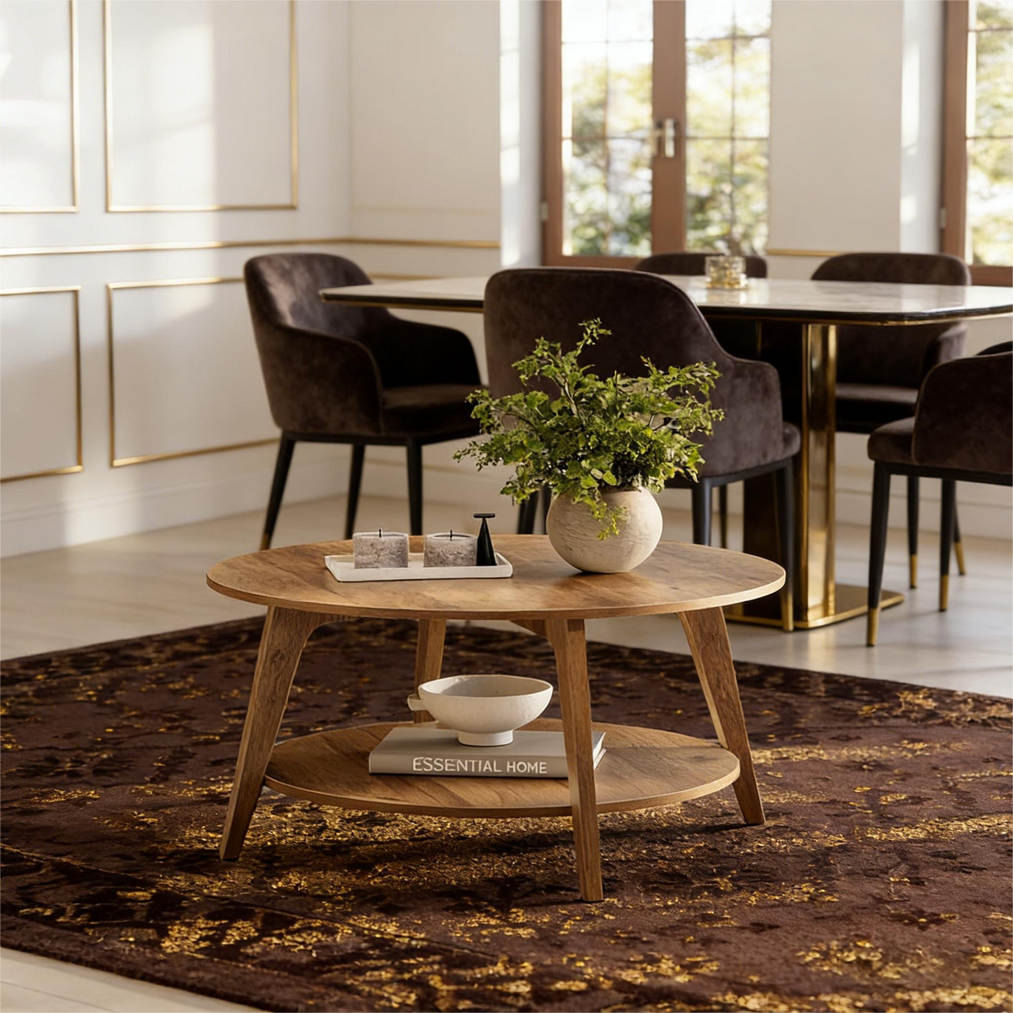 Oval Coffee Tables with Storage for Living Room, 2 Tier Solid Wood Center Table