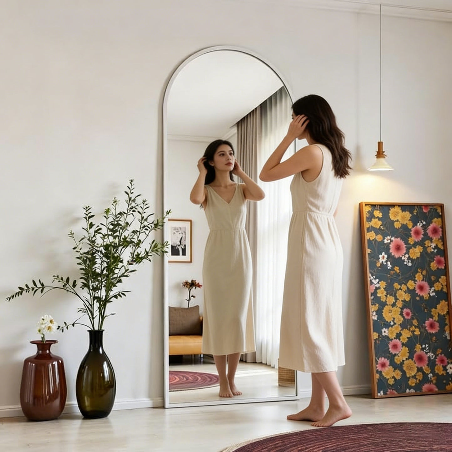 Floor Full Length Mirror, 56"x20" Arched Full Body Mirror, Hanging or Leaning, Standing