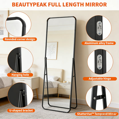 Black Full Length Mirror, 56"x21" Rounded Corner Floor Mirror Standing Hanging or Leaning Against Wall