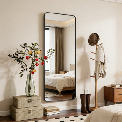 Black Full Length Mirror, 56"x21" Rounded Corner Floor Mirror Standing Hanging or Leaning Against Wall