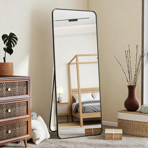 Black Full Length Mirror, 56"x21" Rounded Corner Floor Mirror Standing Hanging or Leaning Against Wall