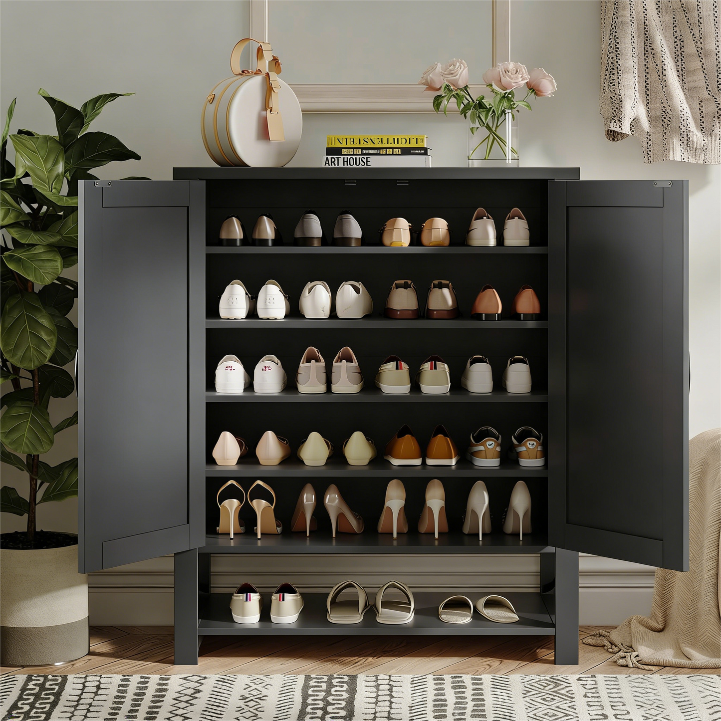 Shoe Cabinet with Doors, 5 Tiers Shoe Storage Cabinet for Entryway, 25 Pairs Wooden Shoe Cabinets