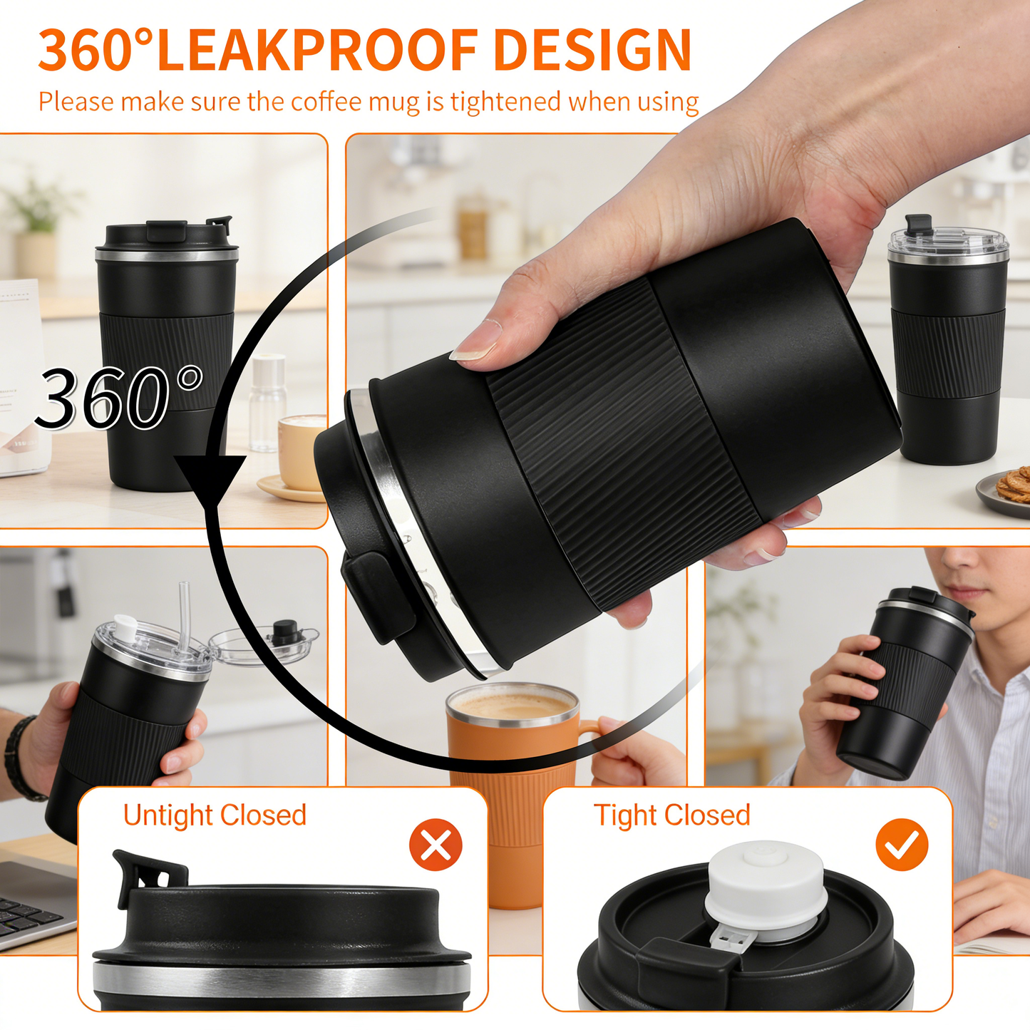 Insulated Travel Coffee Mug, Spill and Leak Resistant,