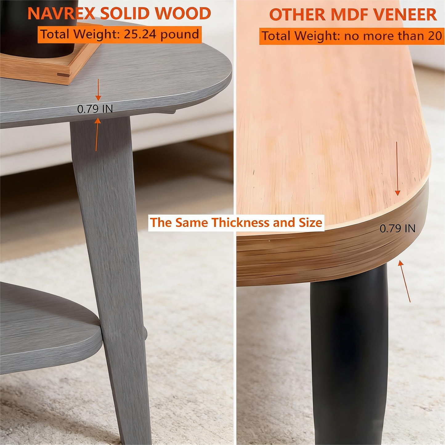 Oval Coffee Tables with Storage for Living Room, 2 Tier Solid Wood Center Table